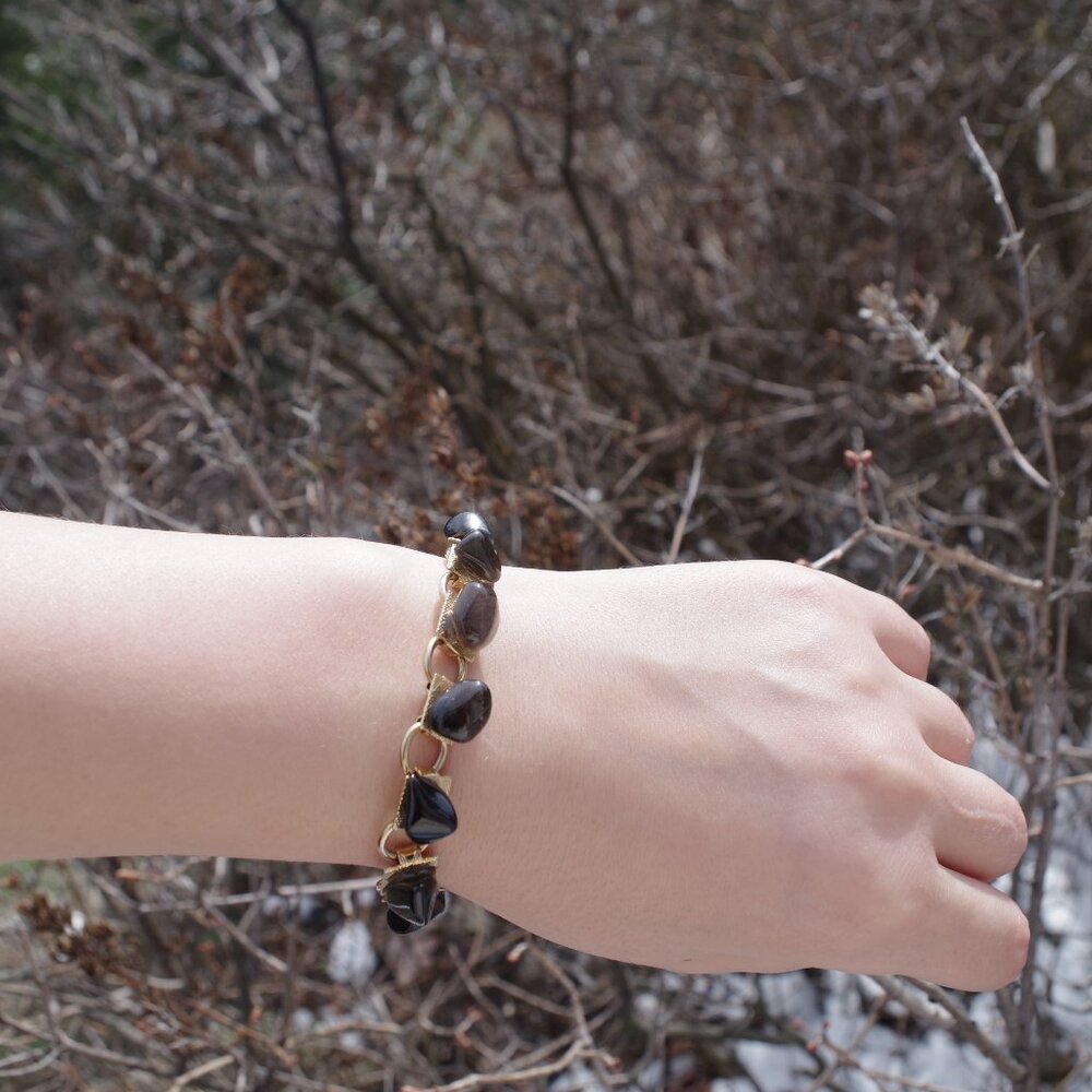 Beautiful Black Gem Stone On Gold Tone Bracelet